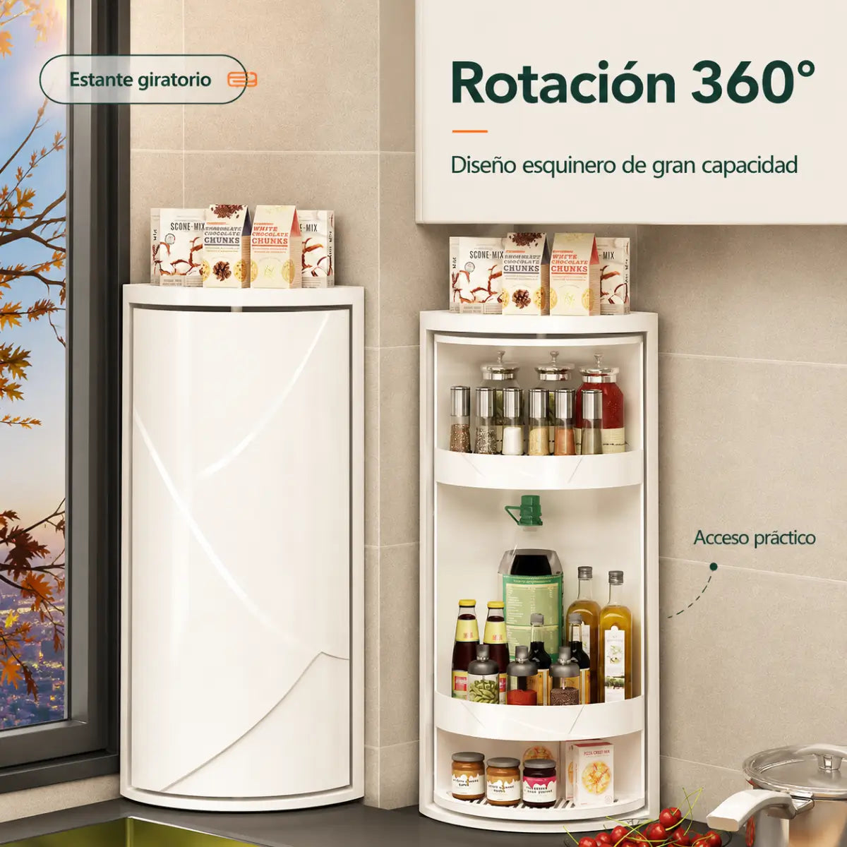 Organizador esquinero giratorio 360 grados para acceder fácilmente a productos y accesorios