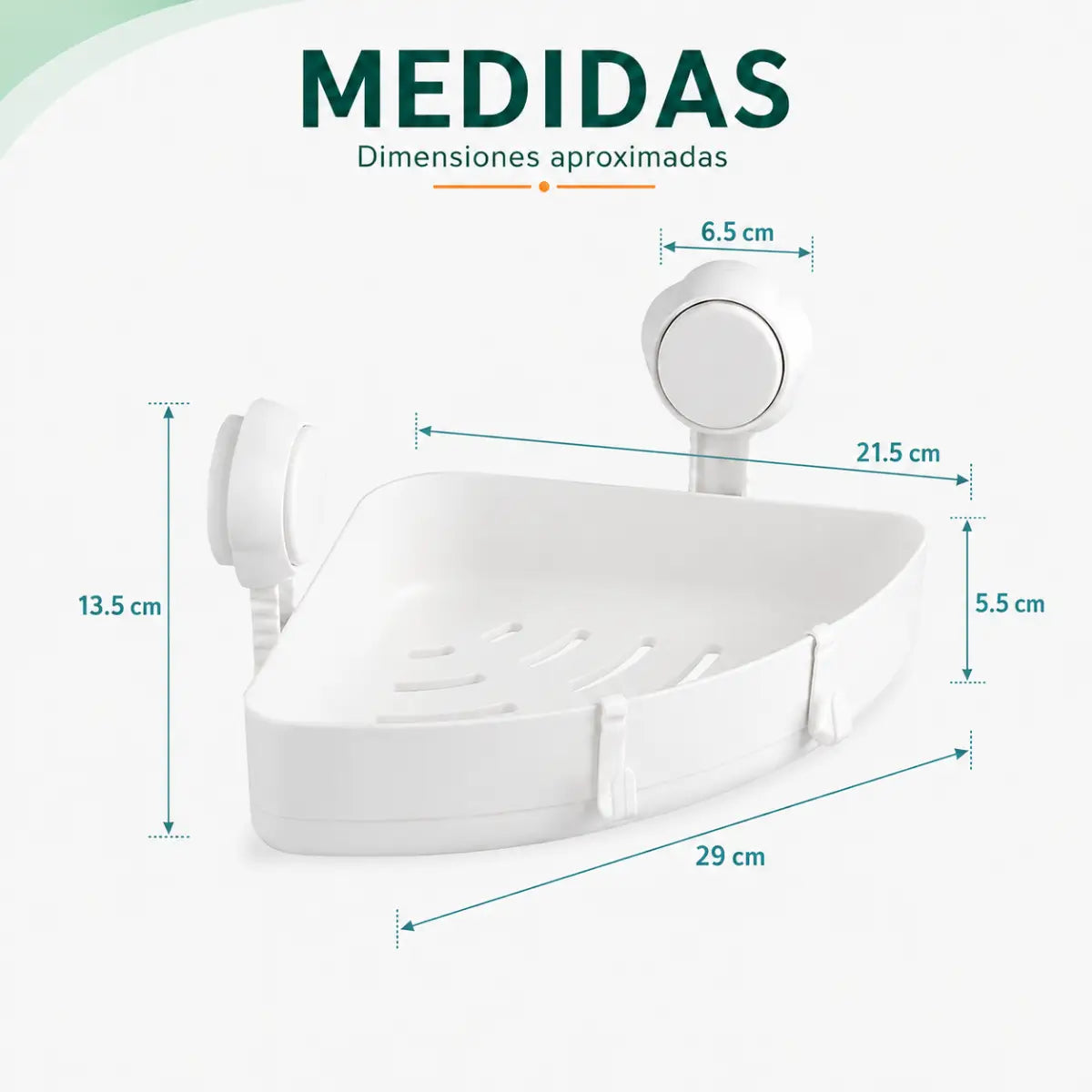 Medidas del organizador esquinero de baño con ventosas y diseño compacto para ducha