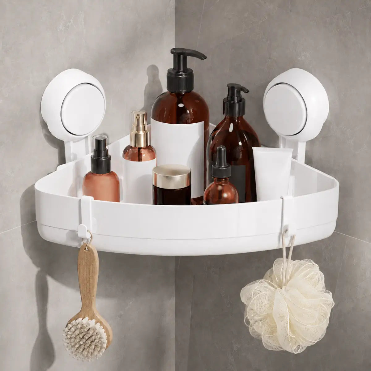 Organizador esquinero de baño con ventosas para shampoo, jabones y accesorios de ducha