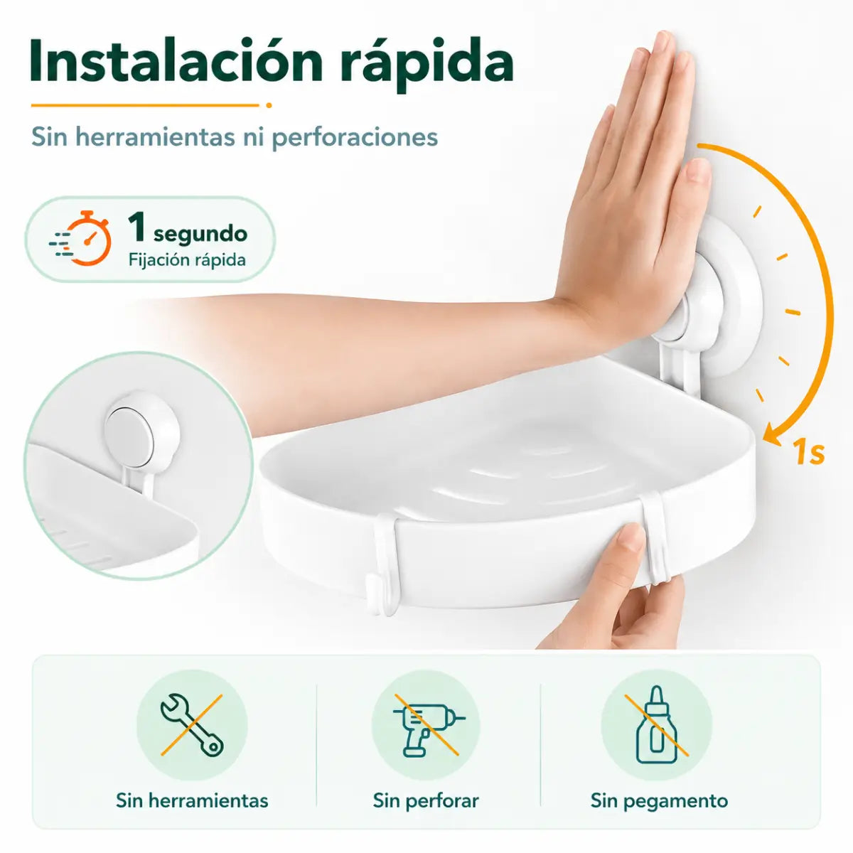 Repisa esquinera para baño con instalación rápida mediante ventosas y sin perforar la pared