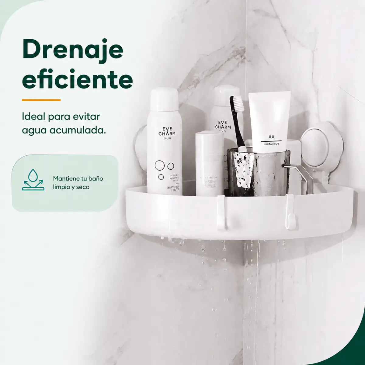 Esquinero de baño con base de drenaje para evitar la acumulación de agua y mantener los productos secos