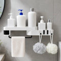 Organizador de baño de pared con repisa, toallero y ganchos para productos y accesorios