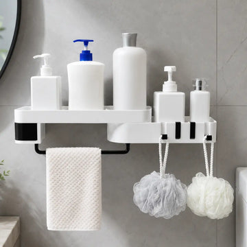 Organizador de baño de pared con repisa, toallero y ganchos para productos y accesorios