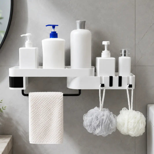 Organizador de baño de pared con repisa, toallero y ganchos para productos y accesorios