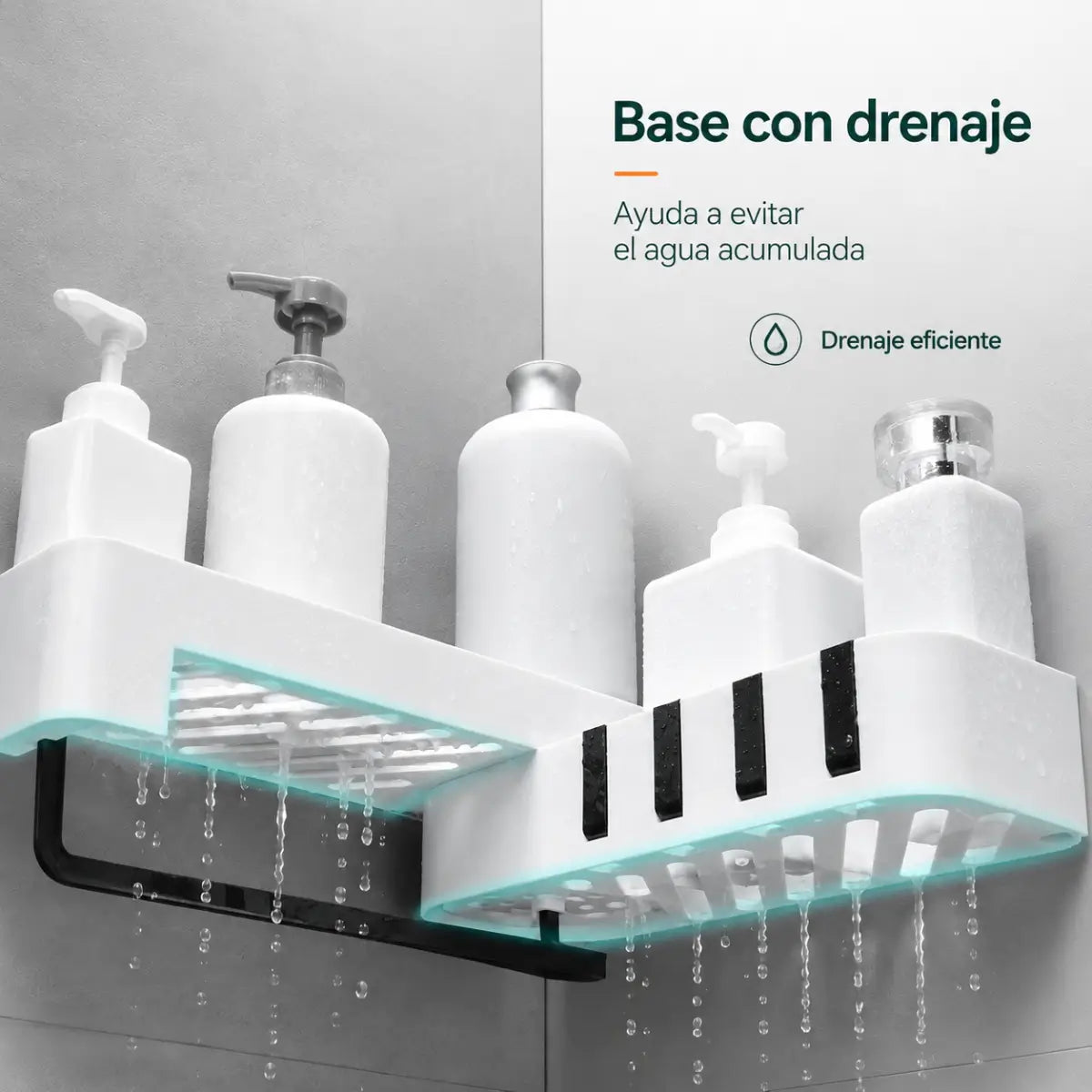 Repisa organizadora para baño con base de drenaje para evitar la acumulación de agua