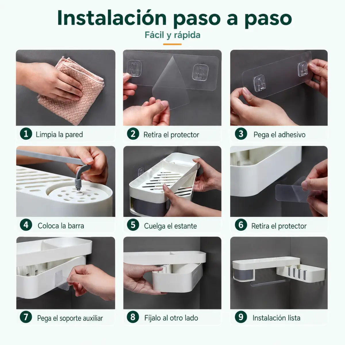 Instalación paso a paso del organizador de baño de pared sin necesidad de perforaciones