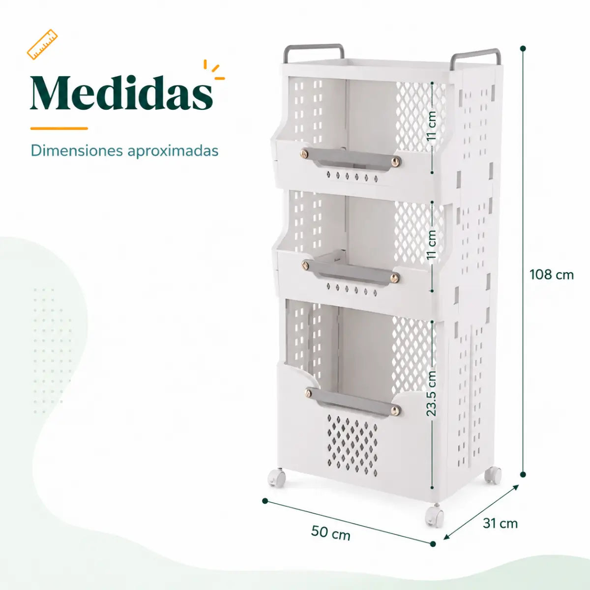 Medidas del organizador vertical con ruedas y 3 canastas de almacenamiento