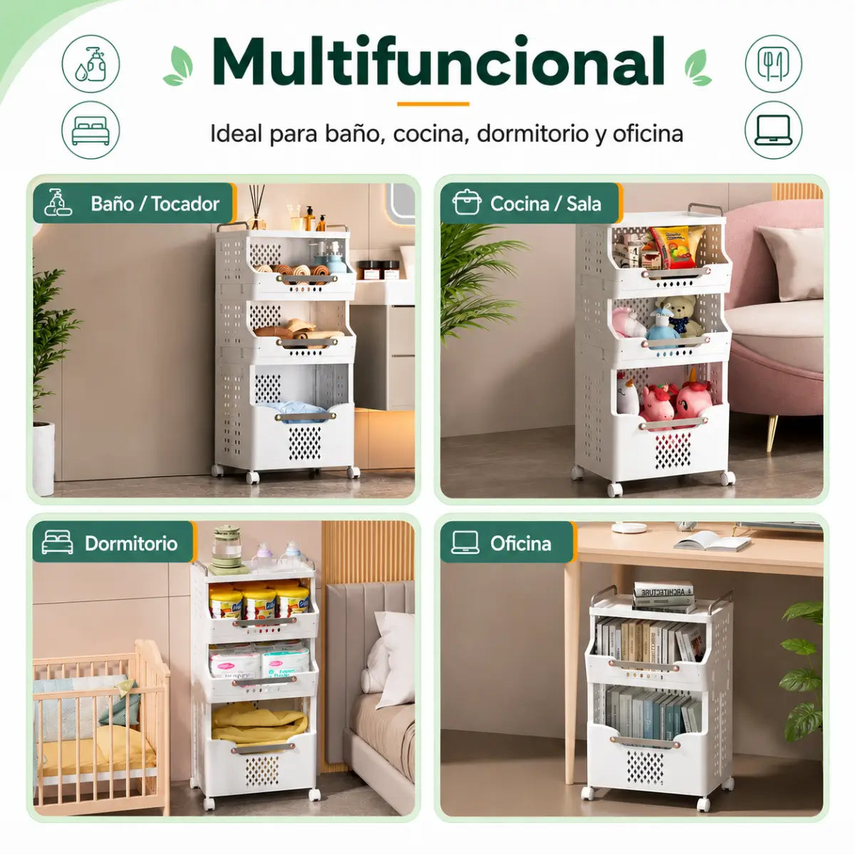 Carrito organizador multiuso con canastas para dormitorio, baño, cocina y otros espacios del hogar