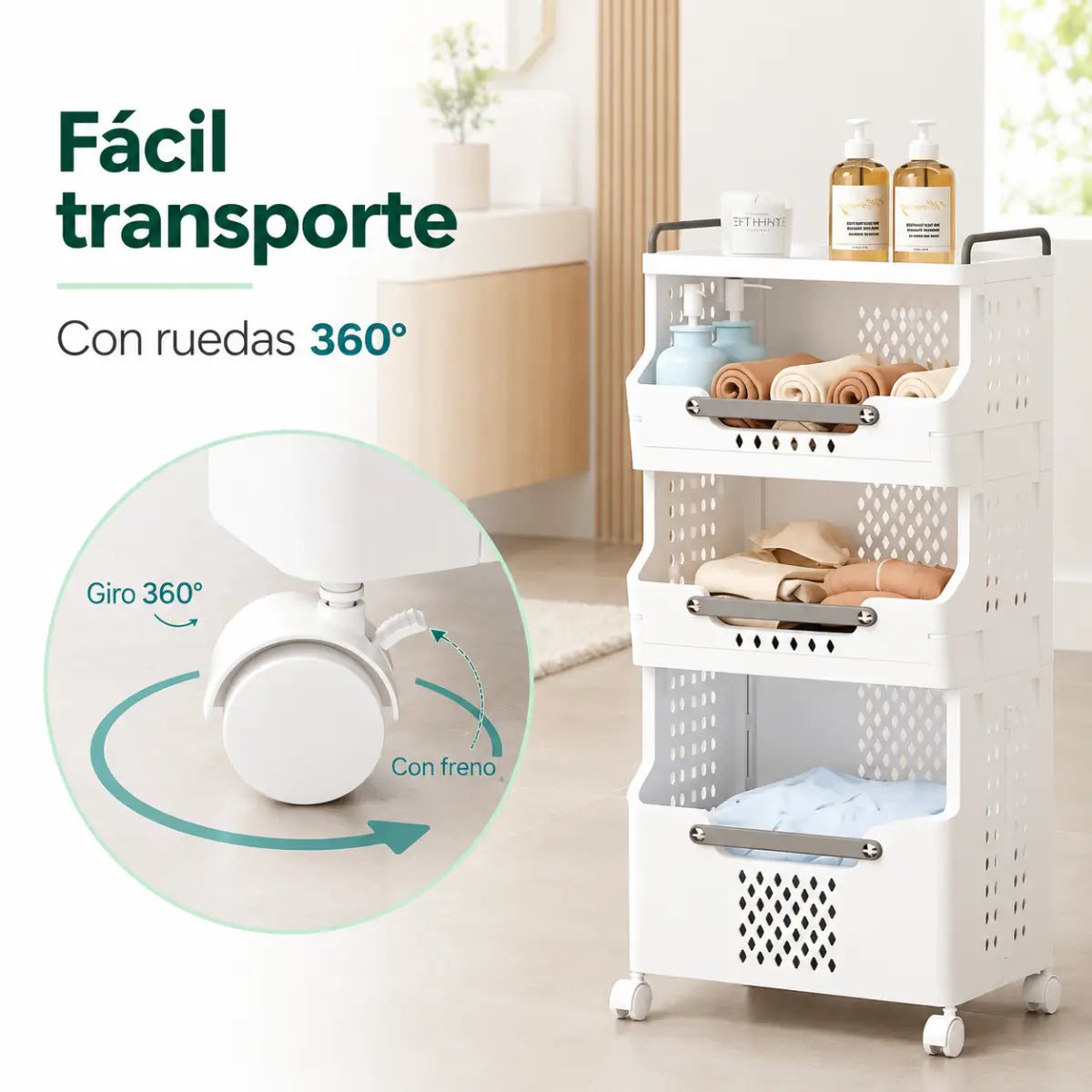 Organizador con ruedas giratorias 360 grados para moverlo fácilmente entre diferentes ambientes