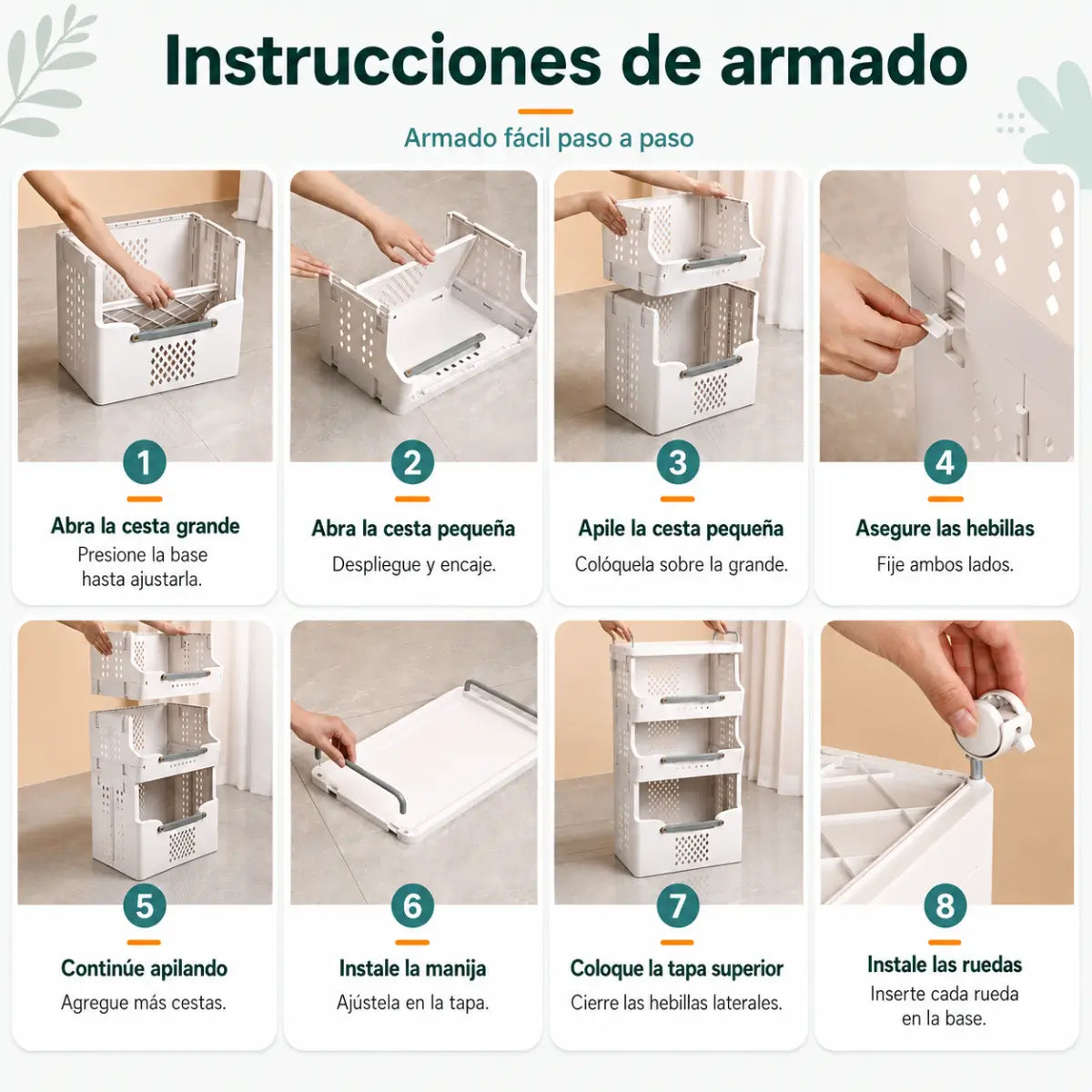 Instrucciones de armado del organizador de juguetes con ruedas y estructura vertical