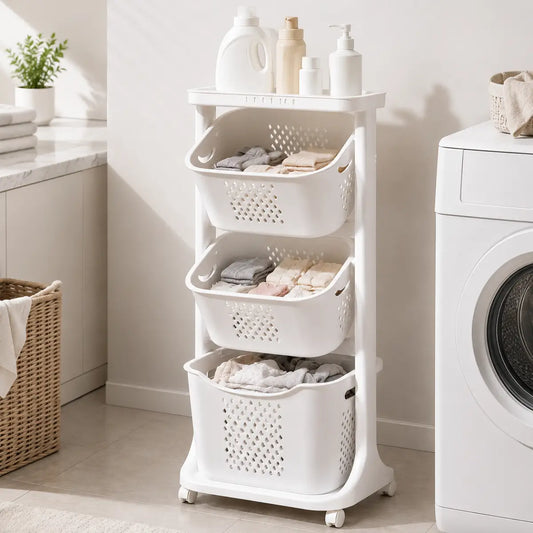 Carrito organizador de lavandería de 3 niveles con ruedas y canastas para ropa y productos de limpieza