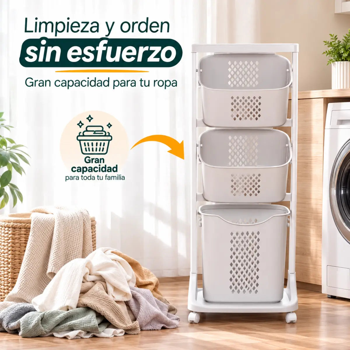Organizador de ropa sucia con canastas para mantener la lavandería ordenada y facilitar la limpieza