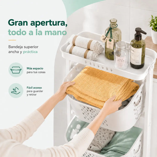 Carrito organizador de 3 niveles con amplio espacio para ropa, productos de limpieza y artículos del hogar