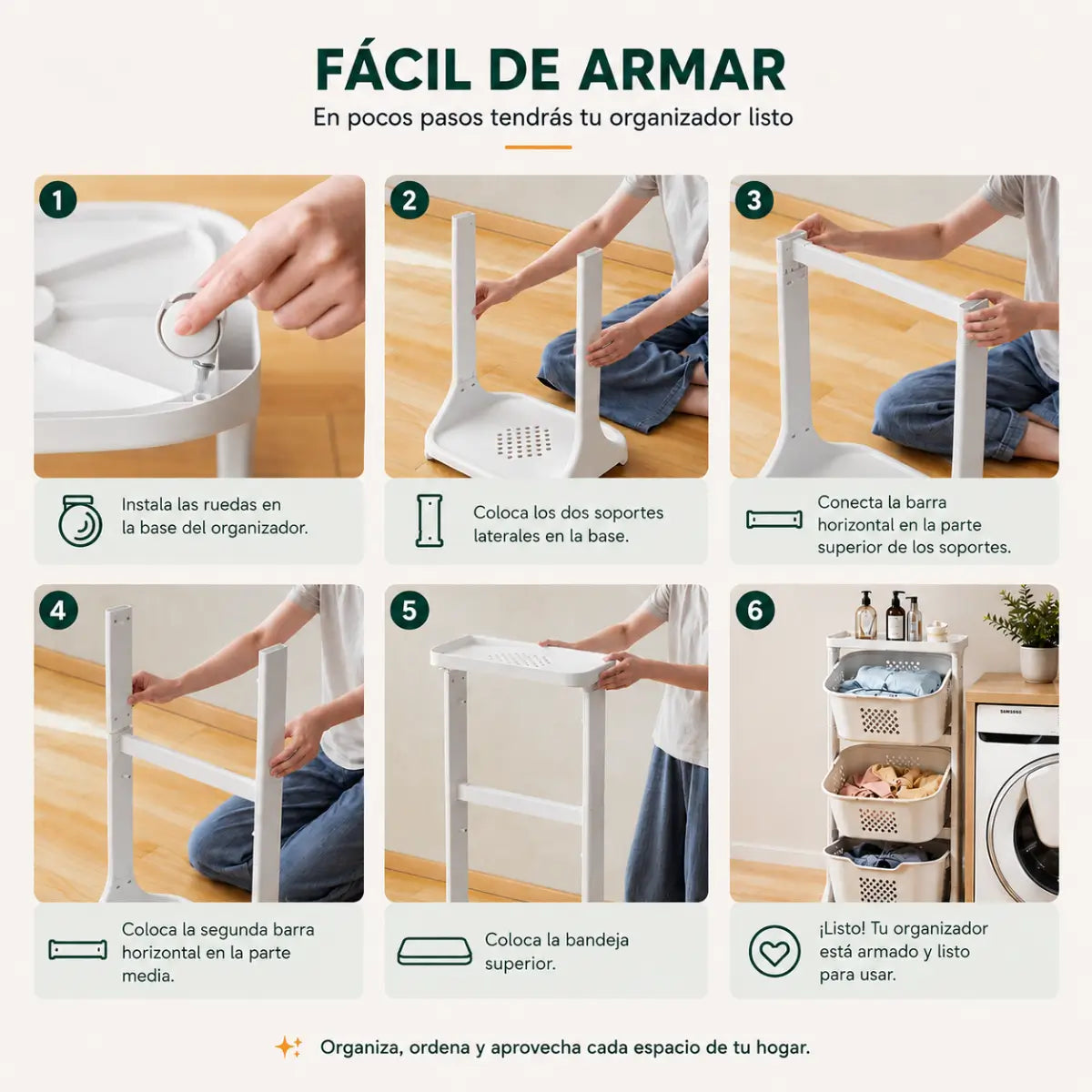Instrucciones de armado del carrito organizador de lavandería de 3 niveles con ruedas