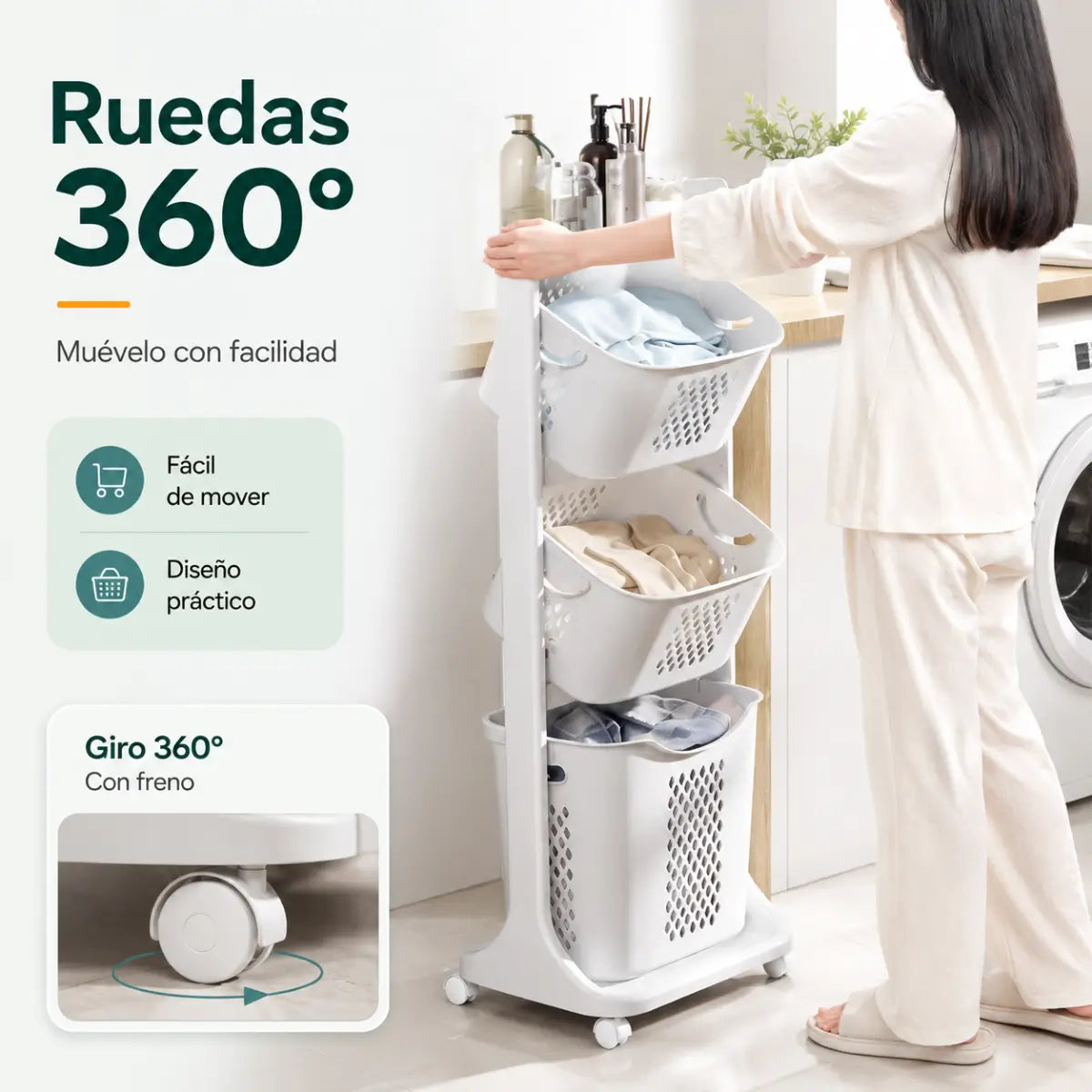 Carrito organizador de lavandería con ruedas giratorias 360 grados para moverlo fácilmente