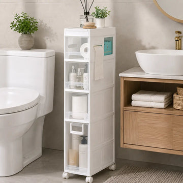 Organizador estrecho para baño con ruedas, repisas y cajones para aprovechar espacios reducidos