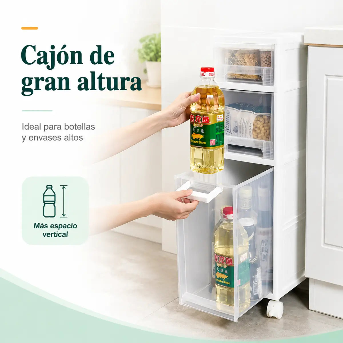 Organizador para baño con cajón alto y compartimentos verticales para botellas y productos de higiene