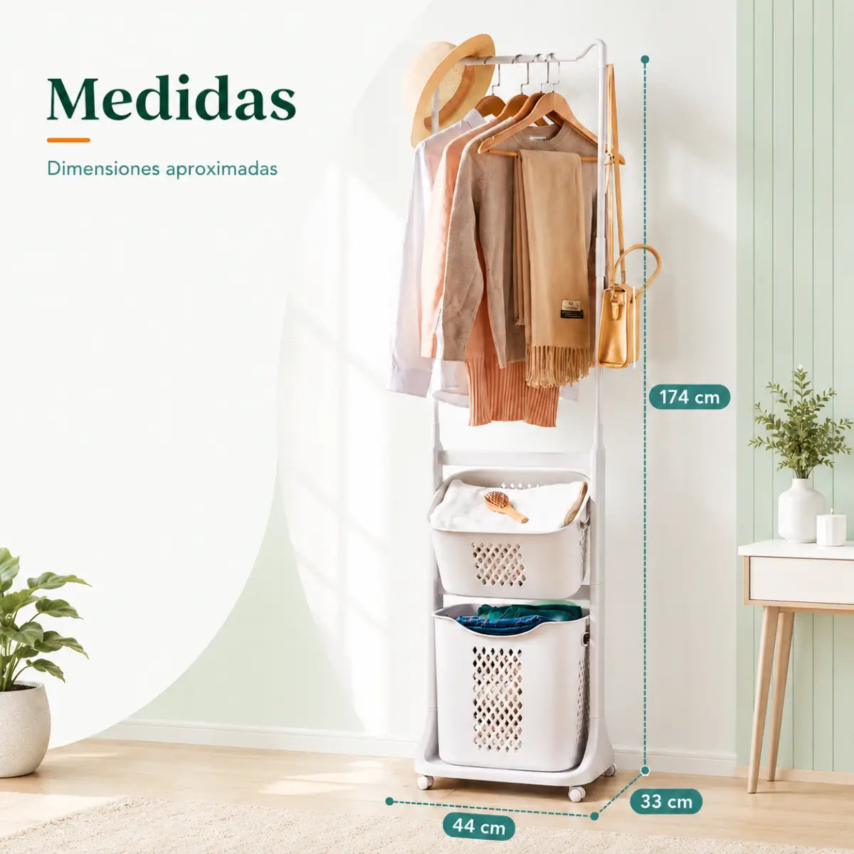 Medidas del perchero organizador vertical con ruedas, barra para ropa y canastas inferiores