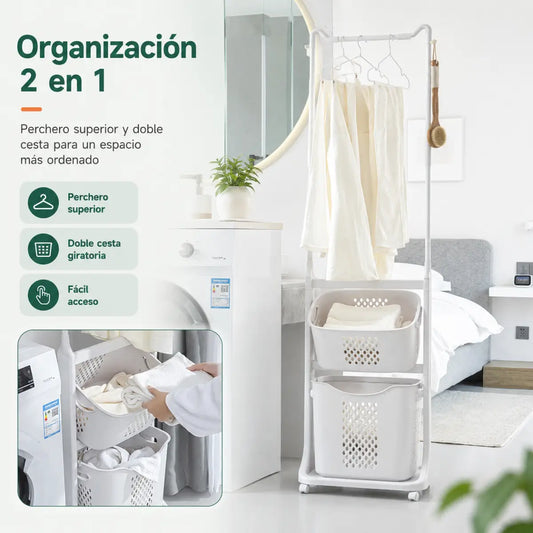 Perchero organizador 2 en 1 con espacio para colgar prendas y canastas para guardar accesorios
