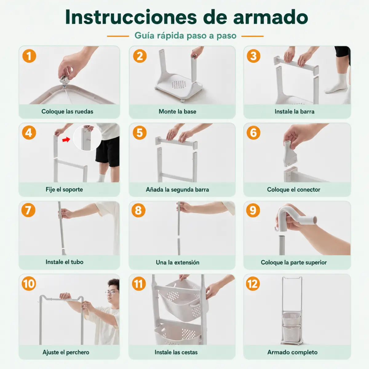 Instrucciones de armado del perchero organizador con ruedas y canastas de almacenamiento