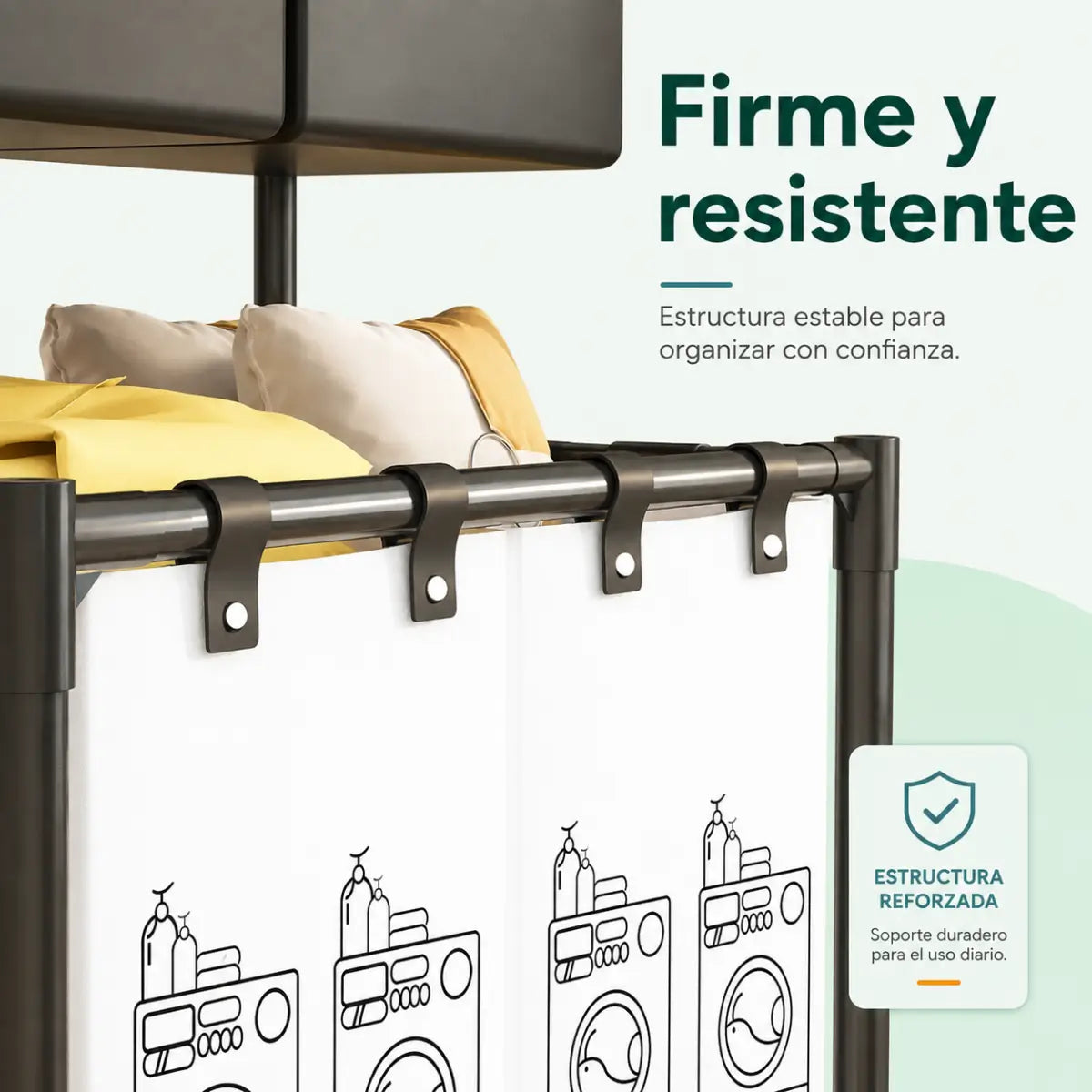 Clasificador de ropa sucia con estructura metálica firme y bolsas organizadoras resistentes