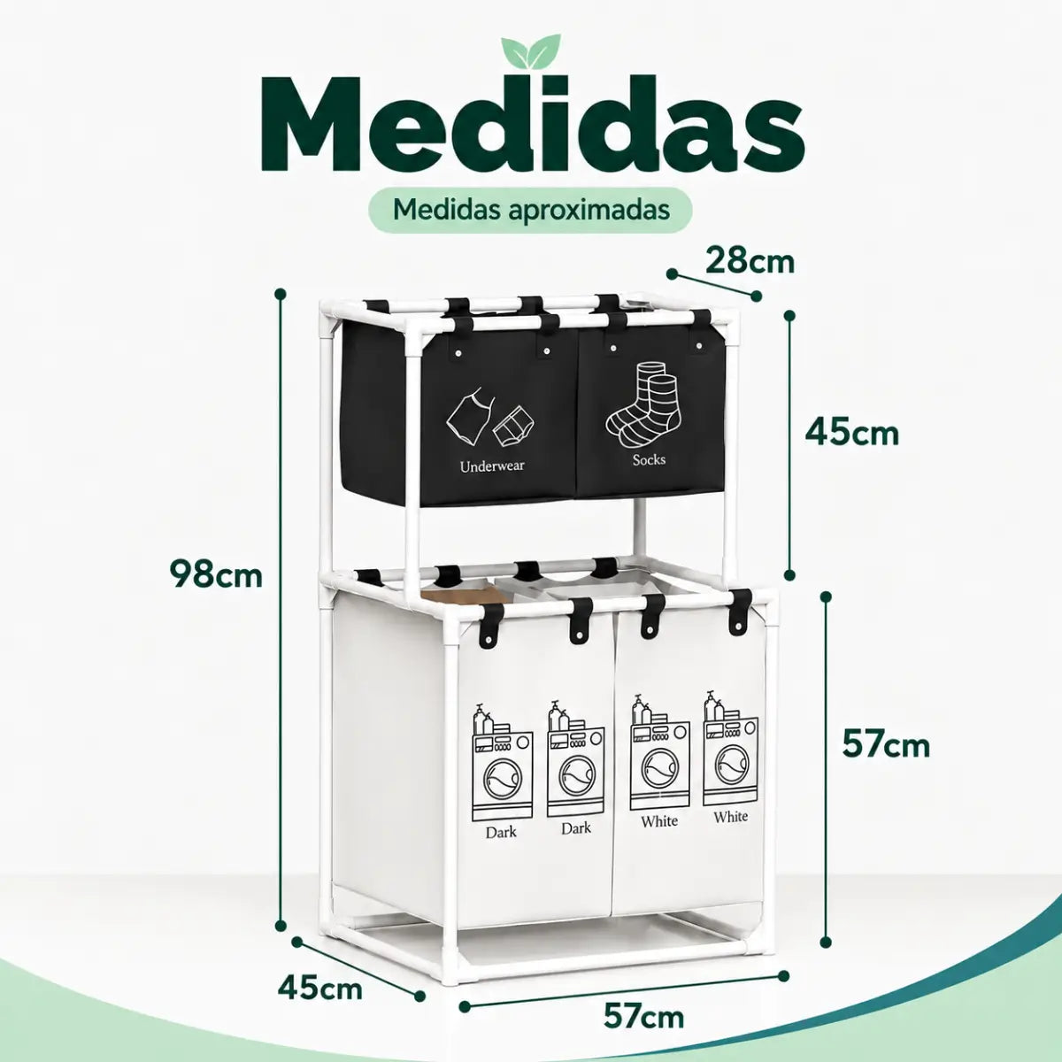 Medidas del clasificador de ropa sucia con compartimentos y estructura vertical para lavandería
