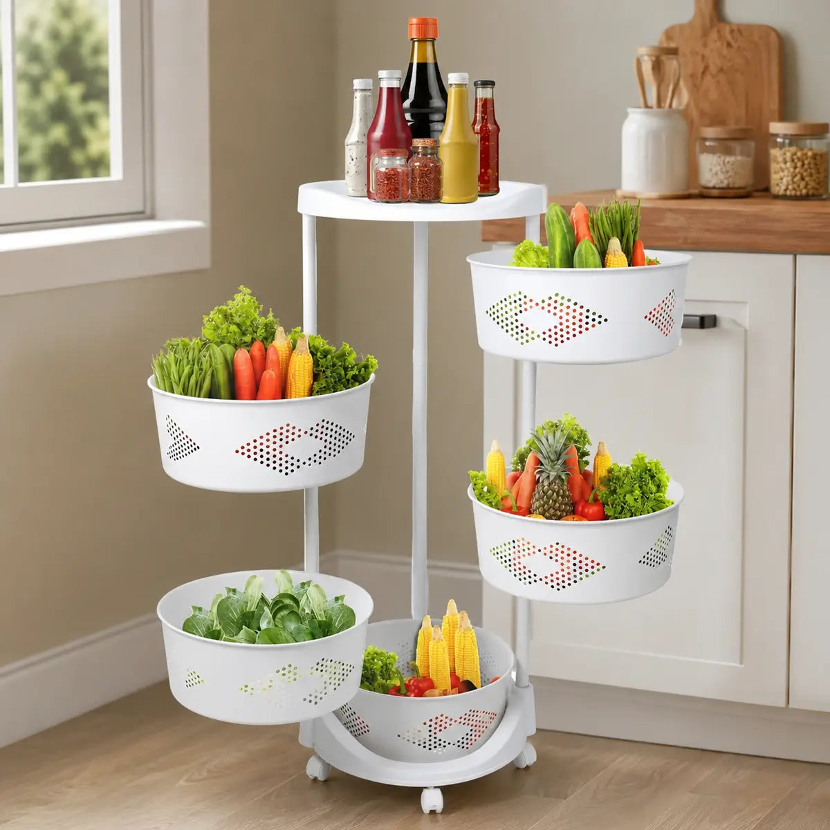 Organizador giratorio de 5 niveles con canastas para frutas, alimentos y productos de cocina