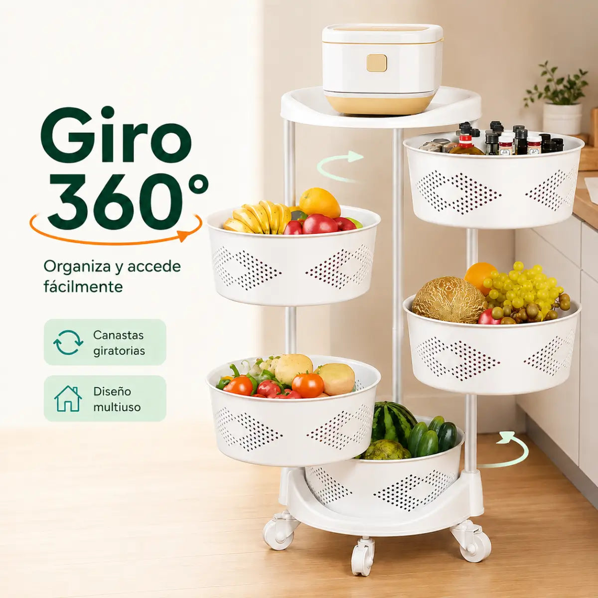 Organizador giratorio 360 grados con canastas para acceder fácilmente a los productos