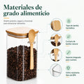 Frasco de vidrio de grado alimenticio con tapa de bambú, cuchara lateral y diseño práctico para cocina