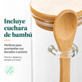 Frasco de vidrio con cuchara de bambú incluida y soporte lateral para servir alimentos fácilmente