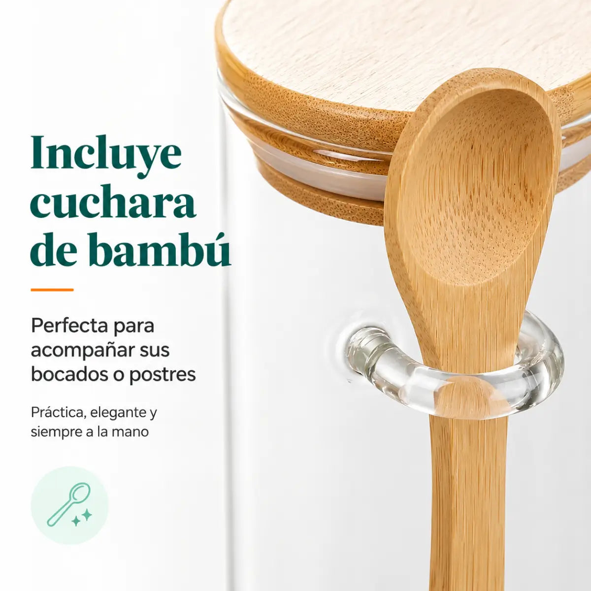 Frasco de vidrio con cuchara de bambú incluida y soporte lateral para servir alimentos fácilmente