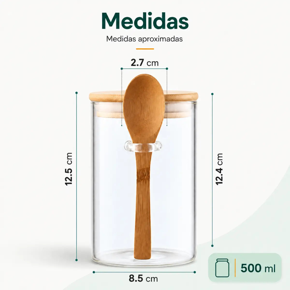 Medidas de la cuchara de bambú incluida con el frasco organizador de vidrio