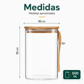 Medidas del frasco de vidrio con tapa de bambú y cuchara lateral para almacenamiento de alimentos