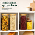 Frascos organizadores de vidrio con tapa de bambú para aprovechar mejor el espacio de la despensa