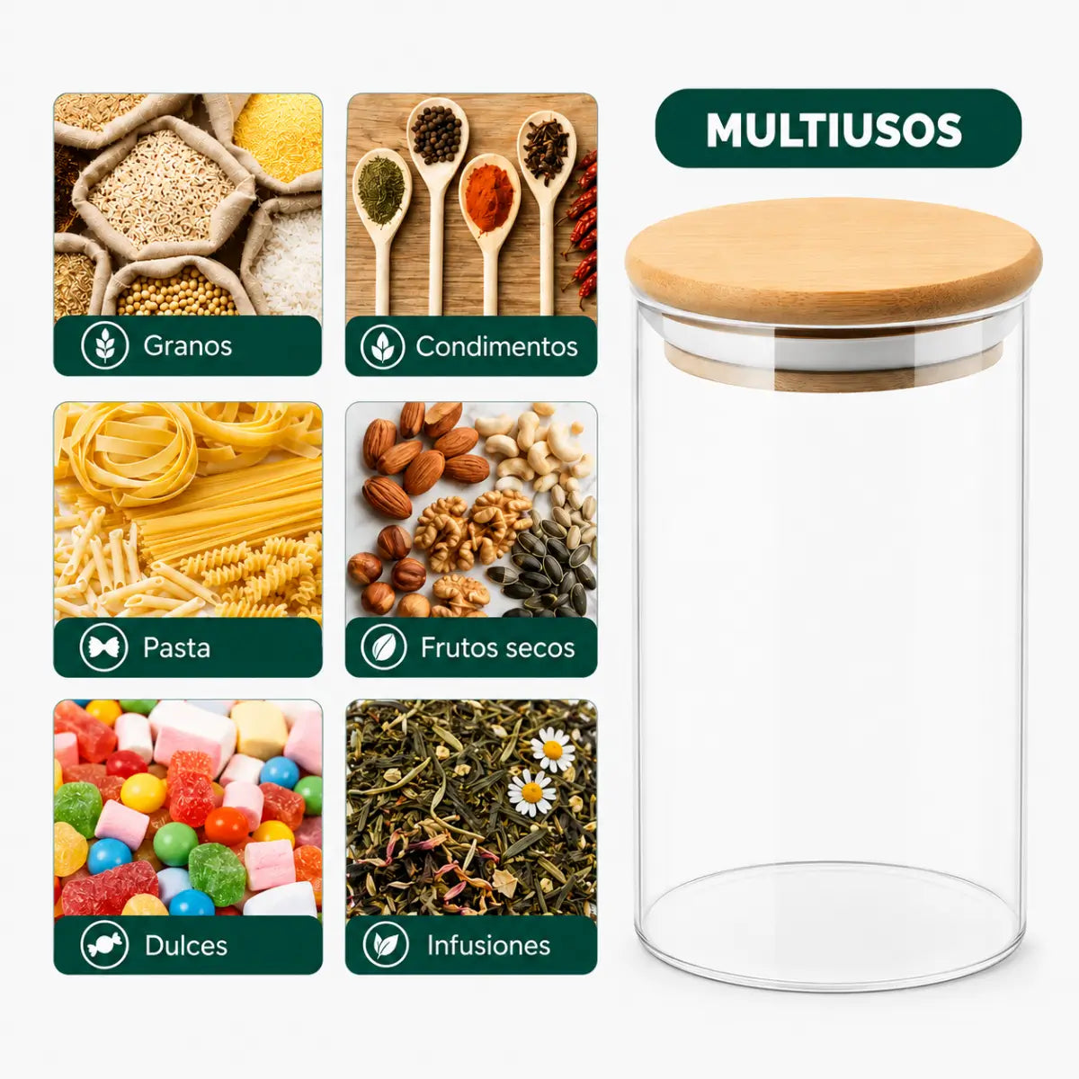 Frasco de vidrio borosilicato multiuso para guardar cereales, pastas, granos, dulces y alimentos secos