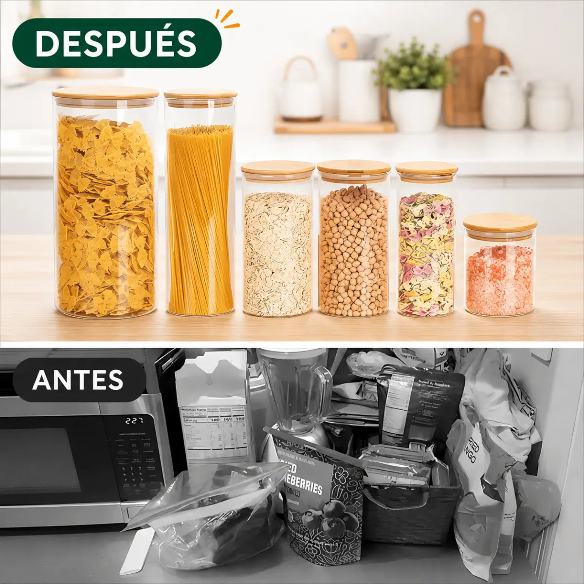 Frascos herméticos de vidrio con tapa de bambú organizando cereales y alimentos en la despensa