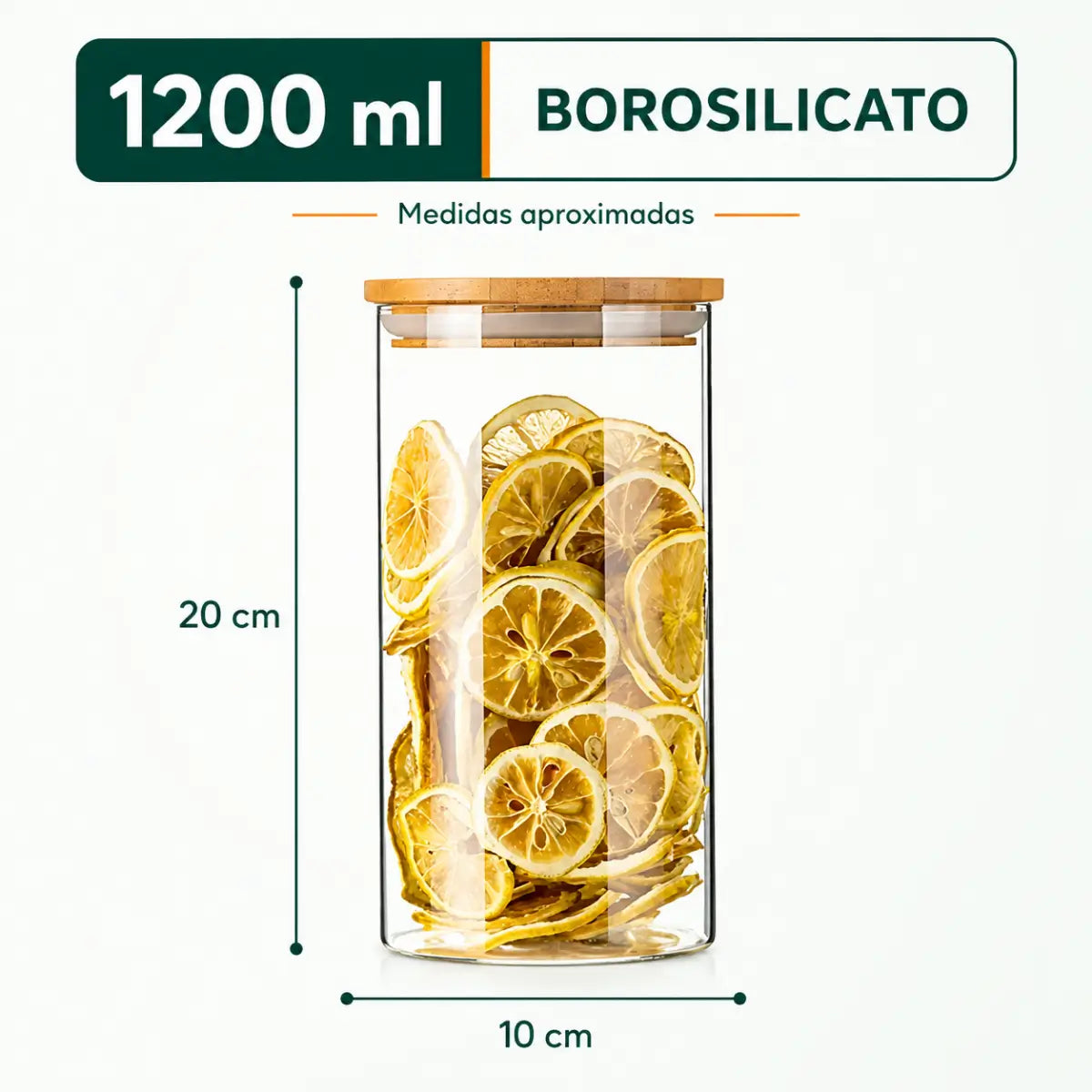Frasco de vidrio borosilicato de 1200 ml con tapa de bambú para cereales, pastas y granos