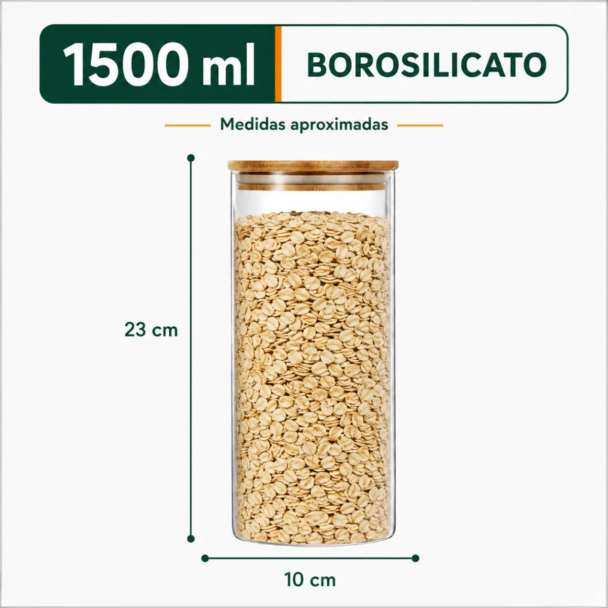 Frasco de vidrio borosilicato de 1500 ml con tapa de bambú para almacenar cereales y alimentos secos