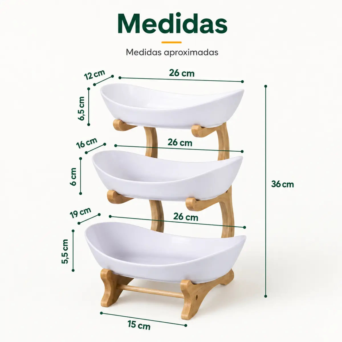 Medidas del frutero de 3 niveles con diseño vertical y bandejas apiladas