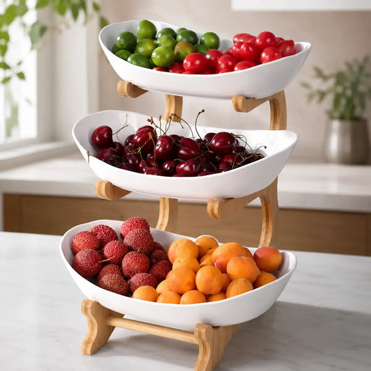 Frutero de 3 niveles color blanco con estructura vertical para organizar frutas en cocina o comedor