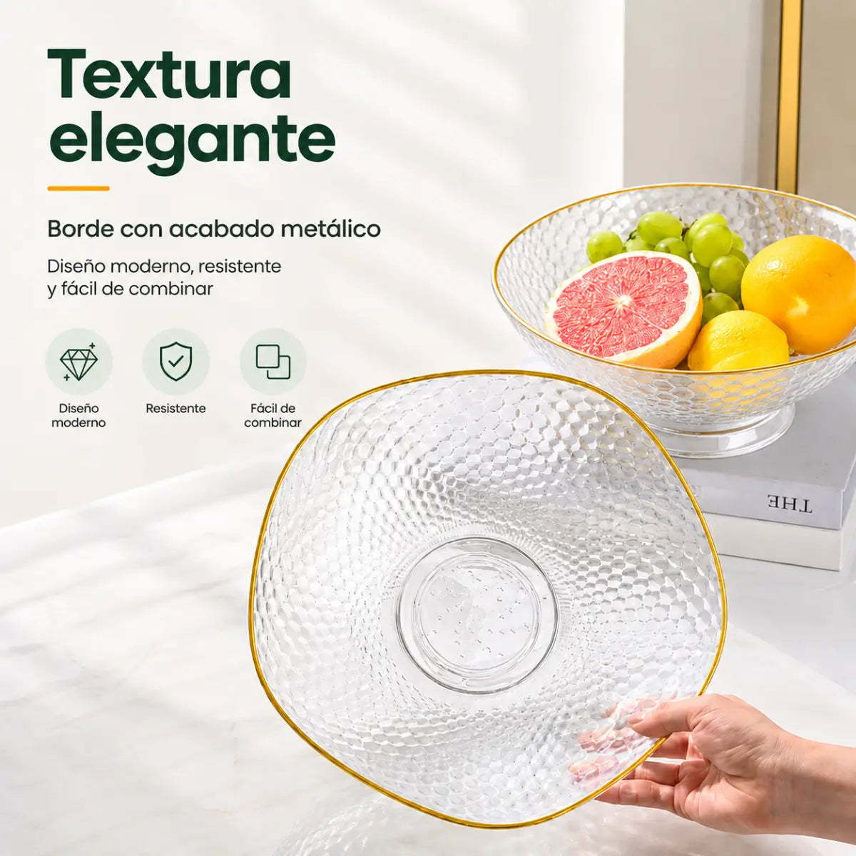 Frutero decorativo con textura elegante, diseño abierto y borde con acabado dorado