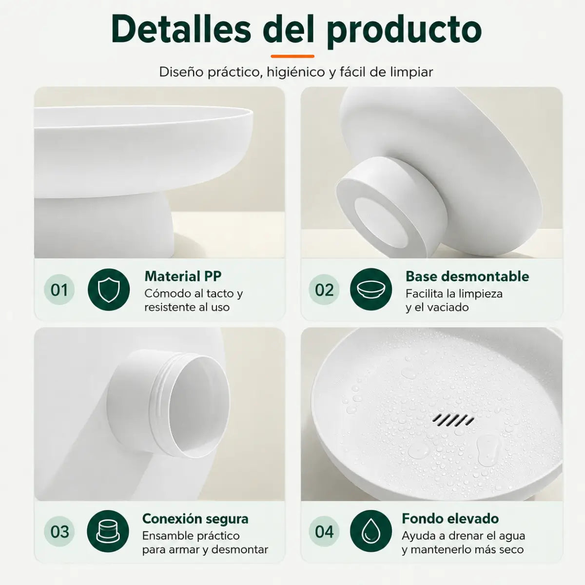 Detalles del frutero con recipiente amplio, bordes redondeados y base estable