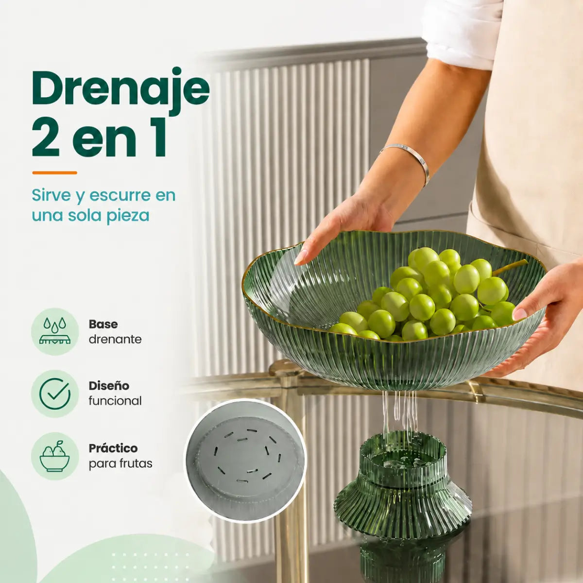 Frutero con sistema de drenaje 2 en 1 para lavar, escurrir y servir frutas y verduras