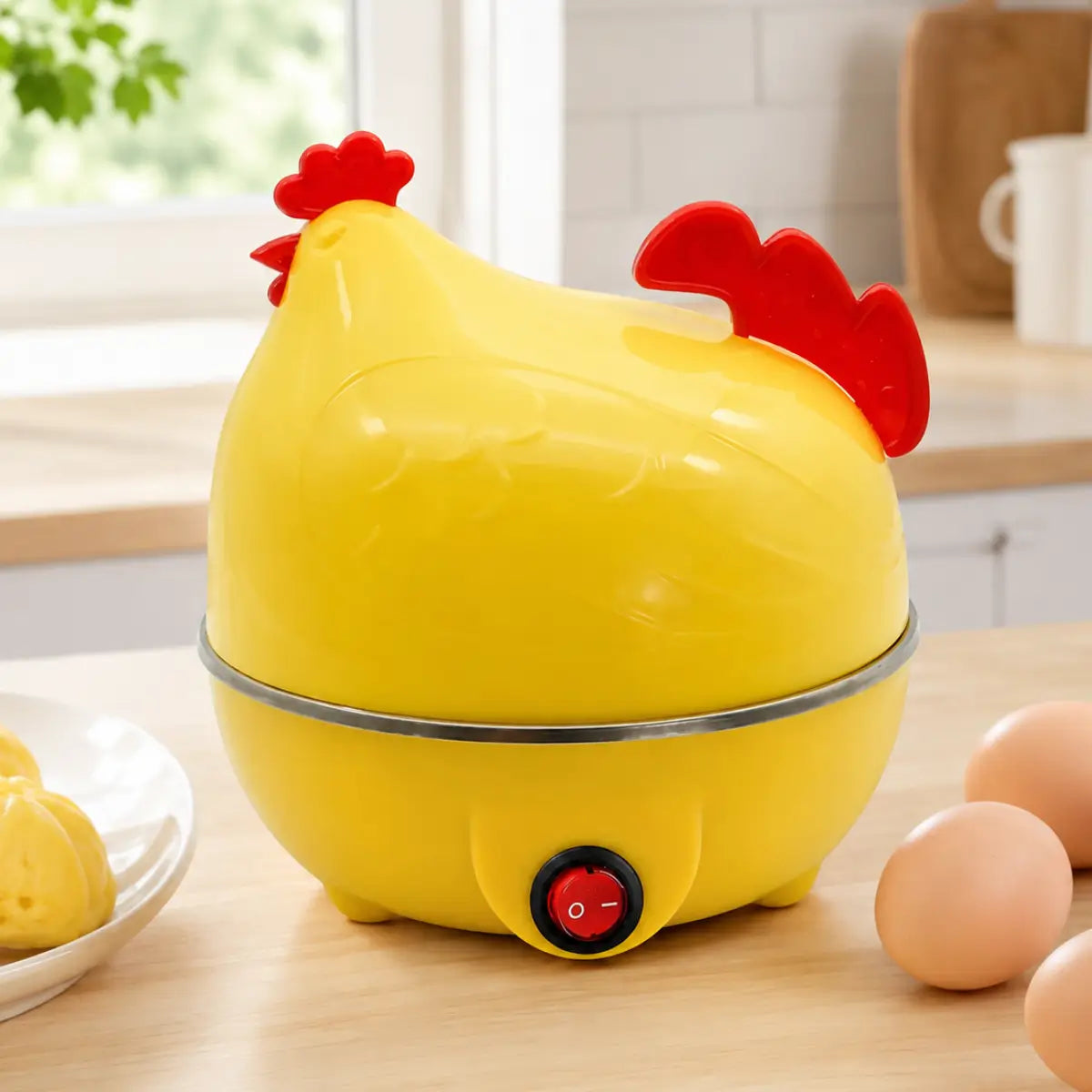 Cocedor eléctrico de huevos con diseño de gallina color amarillo y botón de encendido