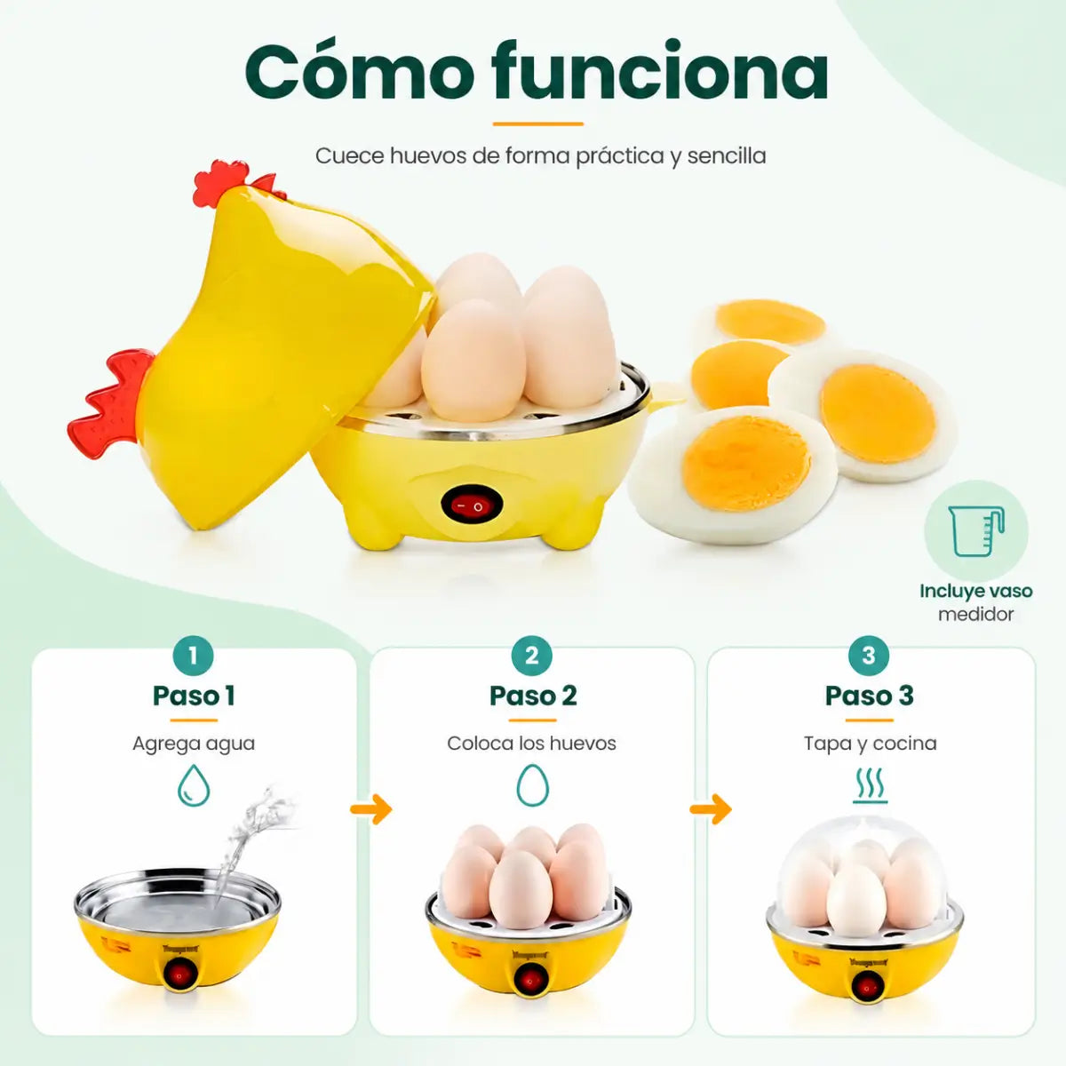 Cocedor de huevos eléctrico mostrando paso a paso cómo preparar huevos de forma sencilla