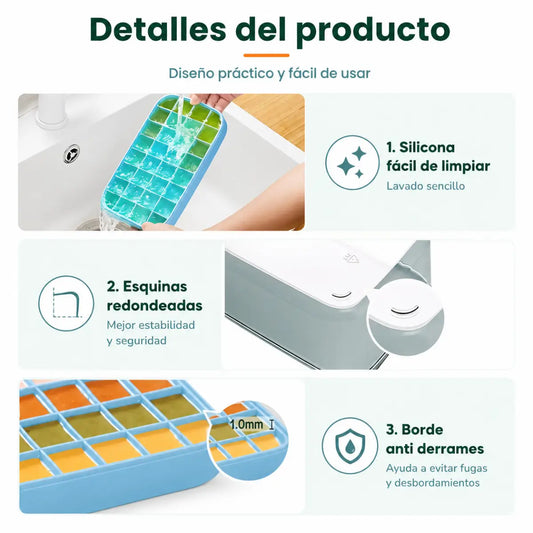 Cubetera con moldes internos para hacer cubos de hielo y recipiente de almacenamiento