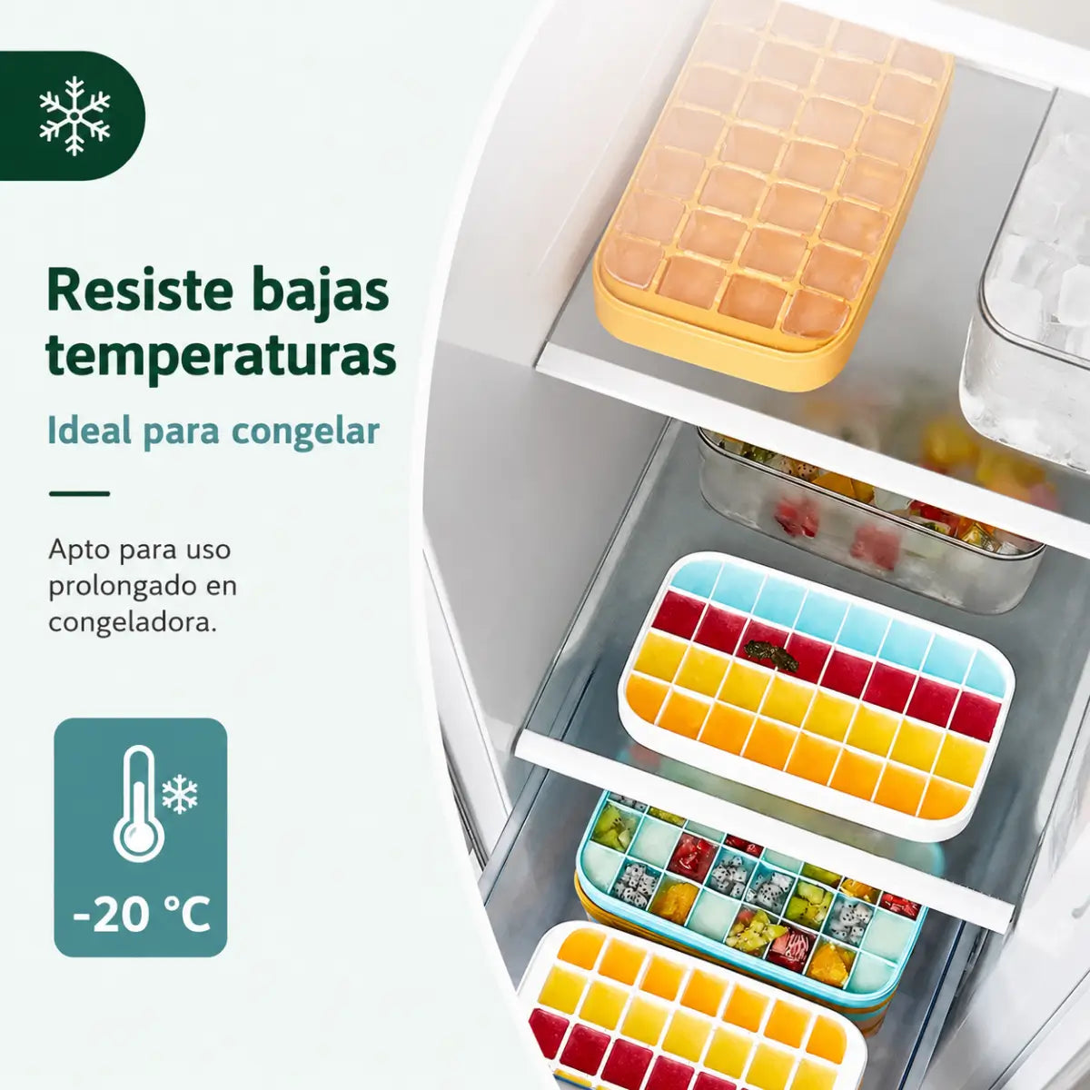 Cubetera con recipiente resistente a bajas temperaturas para conservar cubos de hielo en el congelador