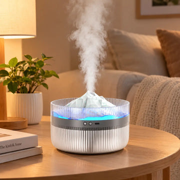 Humidificador volcán nevado con luz LED y efecto de vapor para ambientar el hogar