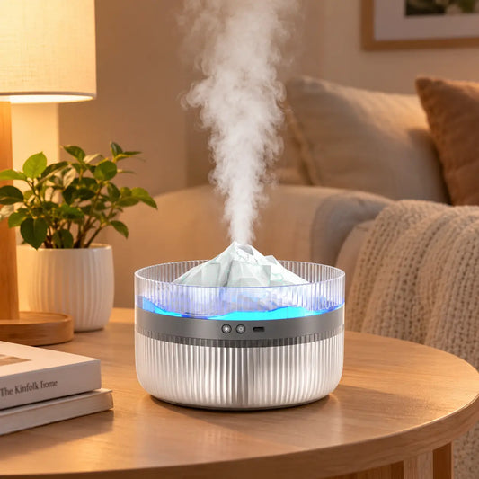 Humidificador volcán nevado con luz LED y efecto de vapor para ambientar el hogar