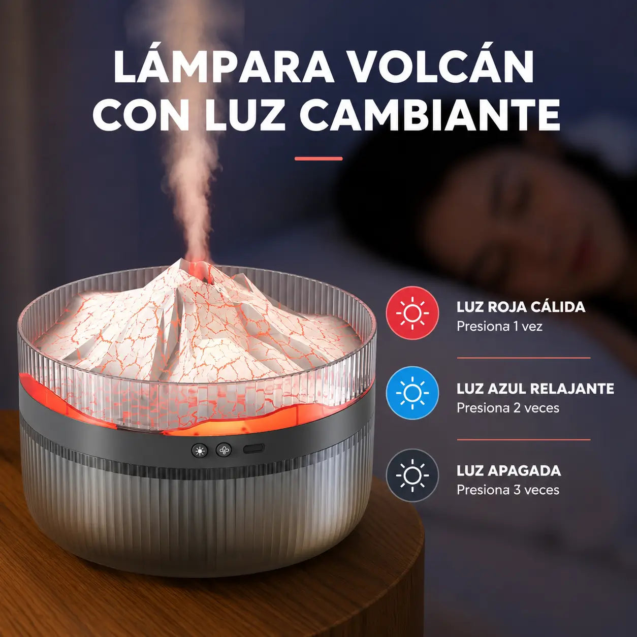 Humidificador con lámpara volcán LED y luz cambiante para crear un ambiente relajante